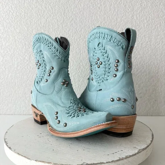 Lane COSSETTE Womens Cowboy Booties 6.5 Western Blue Leather Cowgirl Short Boots - Picture 13 of 13